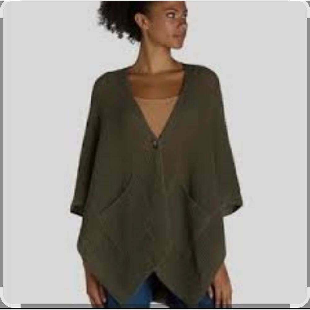 Time and Tru Rib Knit Ruana Cardigan One Button, One Size, Olive Green